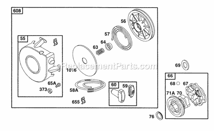 Rewind Assy Diagram and Parts List for 252416-0734-01  Briggs and Stratton Engine
